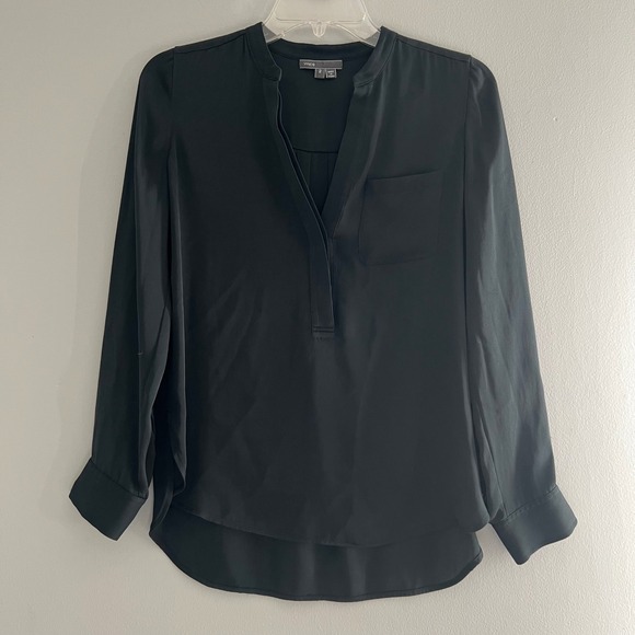 Vince Tops - Vince Silk Blend Hi Low Popover Tunic‎ Blouse Black Split Neck Pocket Size 2